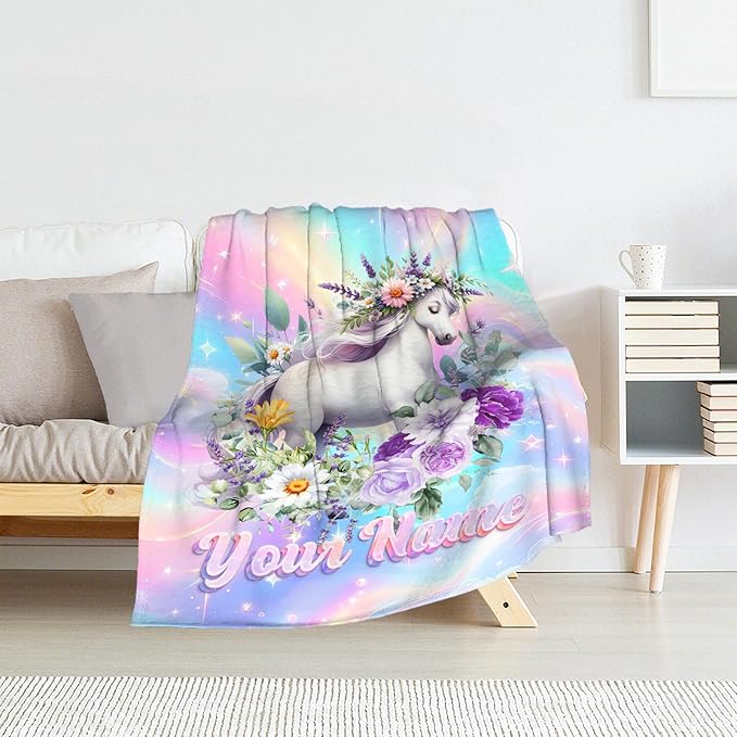 Custom Horse Gifts for Girls - Kids Blanket for Toddler, Fuzzy Flannel Aesthetic Throws Stuff for Crib, Sofa