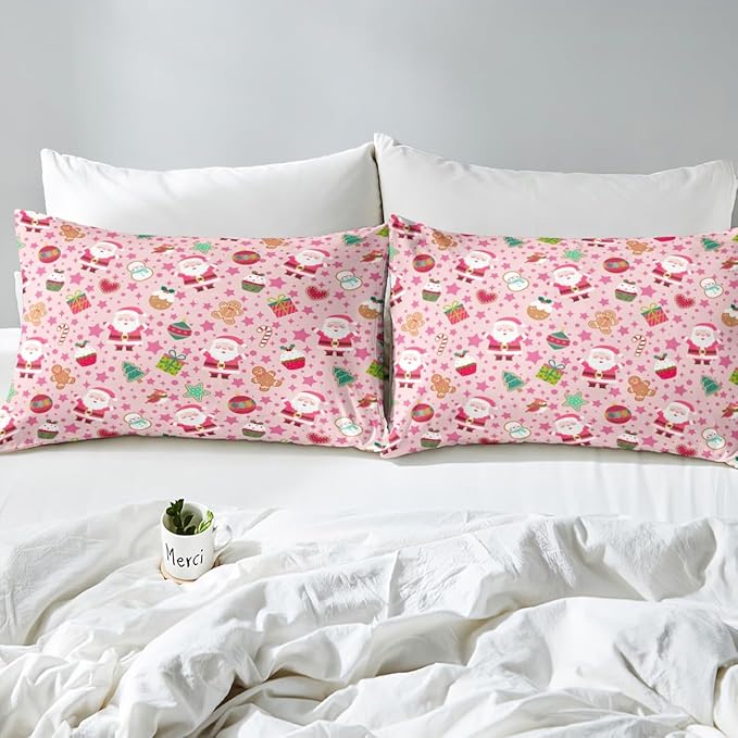 Feelyou Pink Christmas Duvet Cover Full Size Cartoon Santa Claus Gingerbread Man Bedding Set for Boys Girls Snowman Xmas Decor Comforter Cover Reversible Pink Bedroom Decor 3Pcs