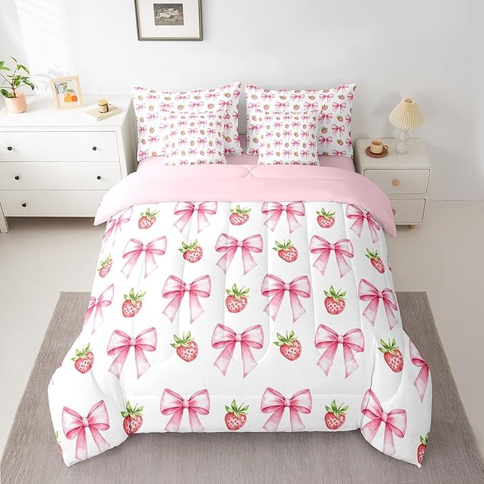 7 Pieces Pink Bowknot Kids Comforter King,Strawberry Summer Fruit Toddler Bedding Set,Bow Tie Butterfly Knot Princess Cartoon Cute（Comforter+Fitted+Flat Sheet+2 Pillowcases+2 Throw Pillow Covers）