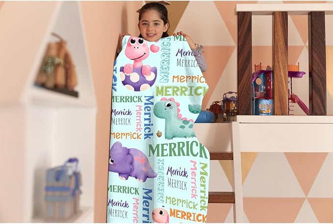 Dinosaur Lover Personalized Blanket with Custom Baby Dinosaur Custom Name Flannel Blanket Soft Throw Meaningful Gift for Toddlers Girls Boys Kids Pets 80 * 60" L for Adult