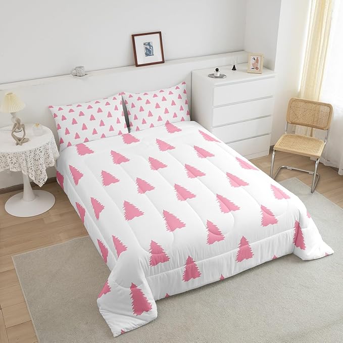 Feelyou Pink Christmas Trees Bedding Set for Kids Boys Girls Toddler Size Holiday Comforter Set Ultra Soft Winter Comforter Xmas Decor Duvet Quilt Bedroom Decor Christmas Ornaments Quilt