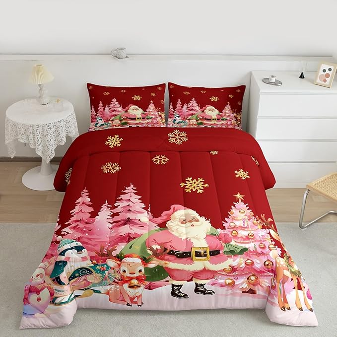 jejeloiu Merry Christmas Comforter Set King Size Santa Claus Bedding Set for Kids Boys Girls Cute Deer Duvet Quilt Red Bedroom Decor