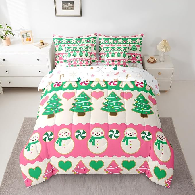 Feelyou Christmas Tree Bedding Set for Kids Boys Girls Cute Cartoon Gingerbread Man Bed in a Bag Snowman Bedding Set Decor Kawaii Xmas Theme Bed Set 7Pcs Queen Size