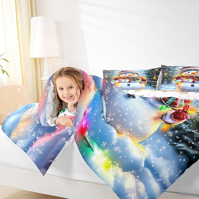 Lovely Snowman Comforter Set King Size,Xmas Colorful Lanterns Snowflake Kids Bedding Set,Winter Merry Christmas Quilt Comforter,Rainbow Duvet Insert,2 Pillowcases
