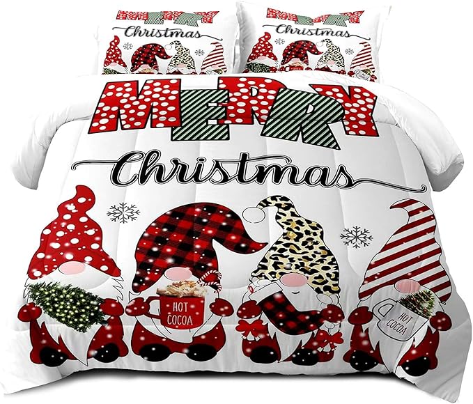 LUVIVIHOME 3PCS Merry Christmas Comforter Set King Size, Cute Gnome Bedding, Red Buffalo Plaid Striped Holiday New Year Xmas Bedding, Boys Girls Teens Kids Bedroom Decor, White Quilt, 2 Pillow Cases