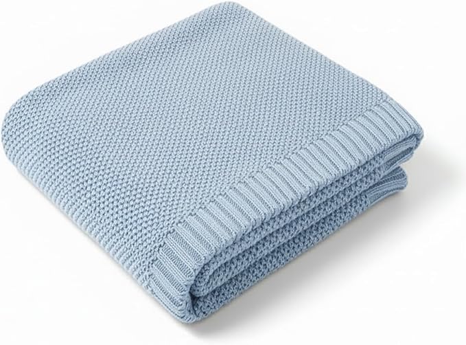 Baby Knit Blanket Soft Cotton Lightweight Newborn Blanket for Crib Stroller Toddler Nursery Shower Gift Cozy Breathable Travel Swaddle Wrap Baby Blue 30 x 30 Inches