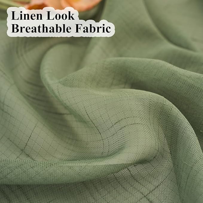 Sage Green Linen Look Pinch Pleated Sheer Curtains 108 Inches Long 2 Panels, 50 Inches Width, Rustic Textured Light Filtering Drapes, Elegant Floor to Ceiling Window Curtain with Hooks