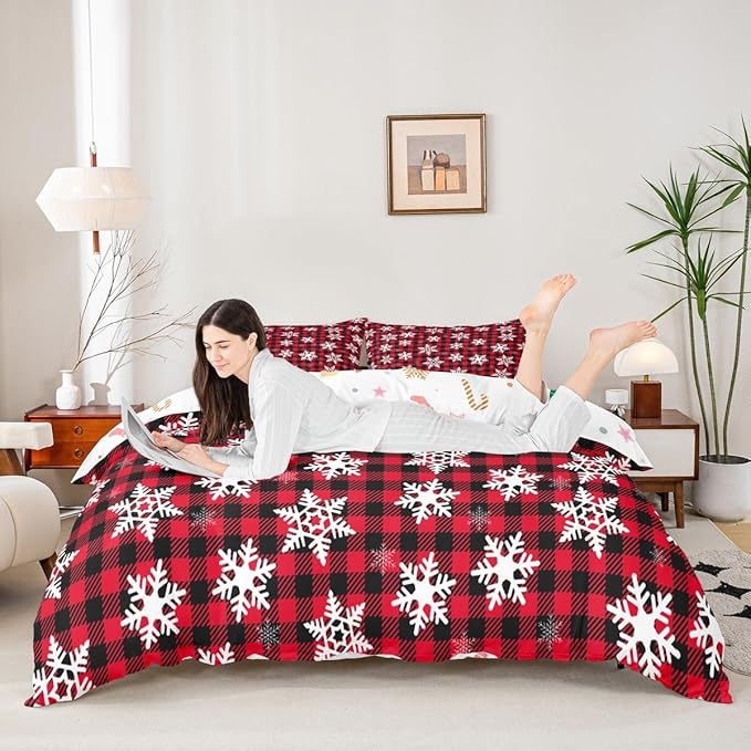 Christmas Kids Bedding Set Snowflake Xmas Theme Bedding Duvet Cover Set for Boys Girls Red Black Buffalo Check Decor Comforter Cover Set New Year Bedspread Cover Bedroom Quilt Cover 3Pcs Full Size