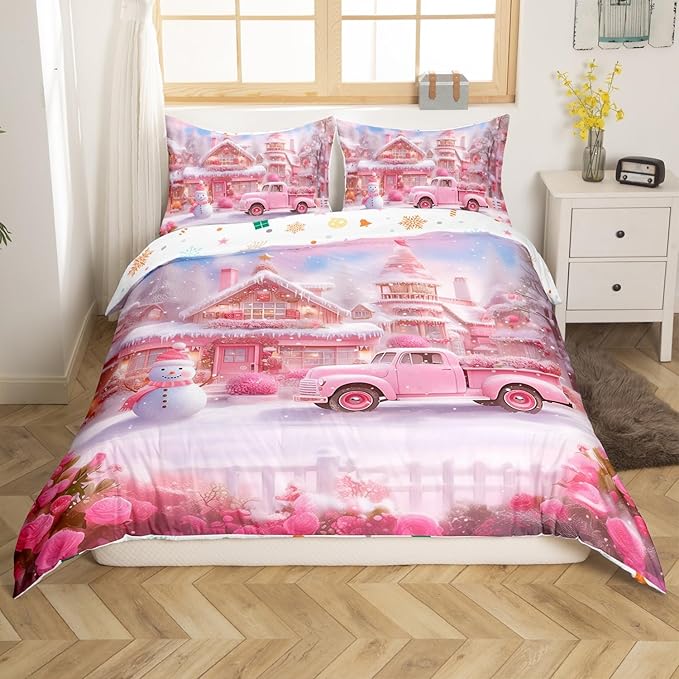 Manfei Christmas Duvet Cover Set King Size, Winter Snowman Truck Flower Bedding Set for Kids Girls Room Decor, New Year Pink Comforter Cover, Soft Polyester Quilt Cover, 2 Pillowcases, No Comforter