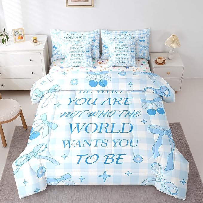 7 Pieces Blue Bowknot Comforter Set King,Cartoon Cherry Stars Daisy Flowers Princess Bedding Set,Bow Geometric Plaids Patchwork Dreamy（Comforter+Fitted+Flat Sheet+2 Pillowcases+2 Throw Pillow Covers）