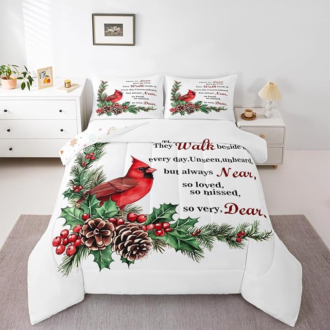 Red Cardinal Girl Bedding Set Twin Size,Christmas Birds Holly Pinecones Comforter Set,Berry Poinsettia Rustic Animal Quilt Comforter Girls Boys Teens,White Red Green Room Decor All Season,1 Pillowcase