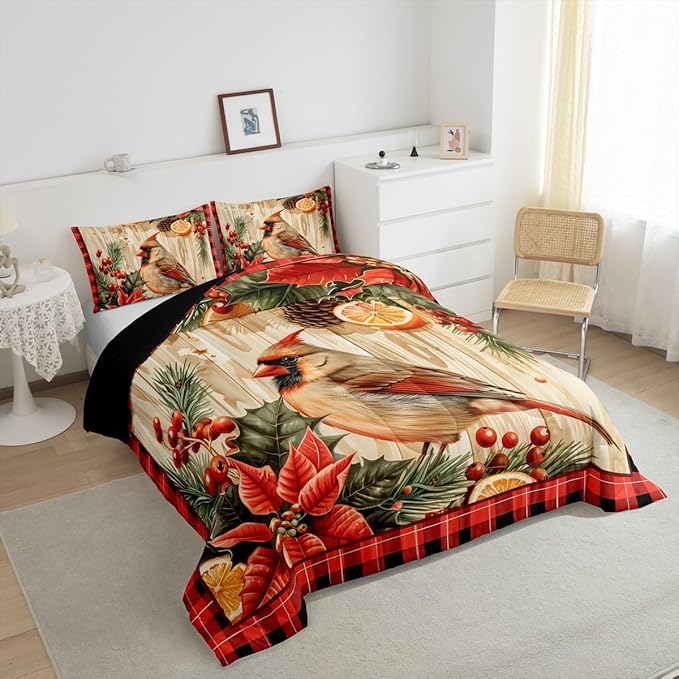 jejeloiu Kids Red Cardinal Comforter Set Twin Size Christmas Red Black Plaid Flower Bedding Set for Boys Girls Teens Xmas Birds Animal Lemon Winter Wood Plank Duvet Quilt Room Decor