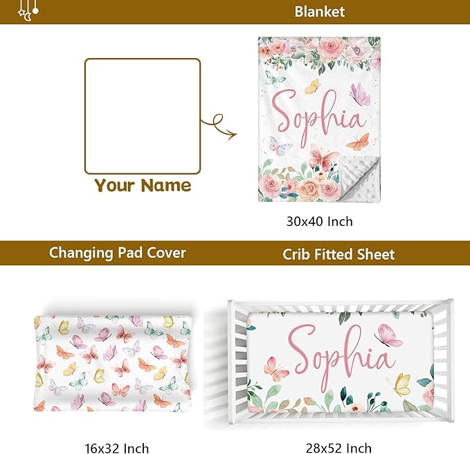 Custom Name Crib Bedding Set, 3 Pcs Personalized Baby Crib Bedding Set, Soft Pink Butterfly Nursery Crib Sets for Boys Girls, Double Layer Toddler Bedding Set Customized Gifts for Newborn Kids