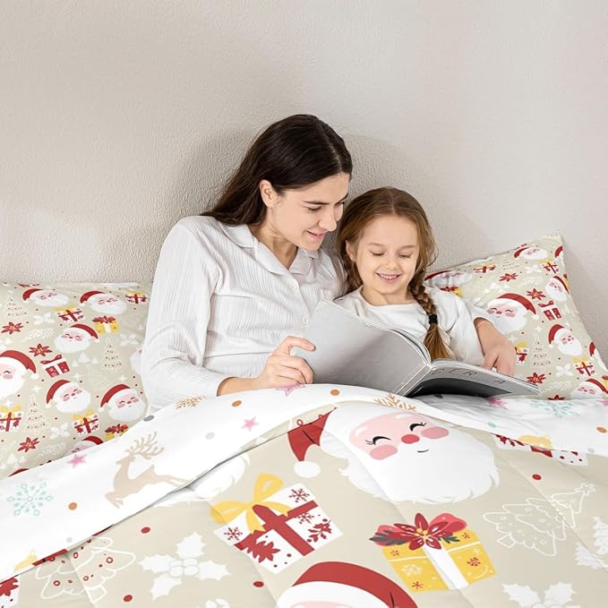 jejeloiu Santa Claus Comforter Set Twin Size Merry Christmas Bedding Set for Kids Boys Girls Xmas Themed Duvet Quilt Beige Bedroom Decor