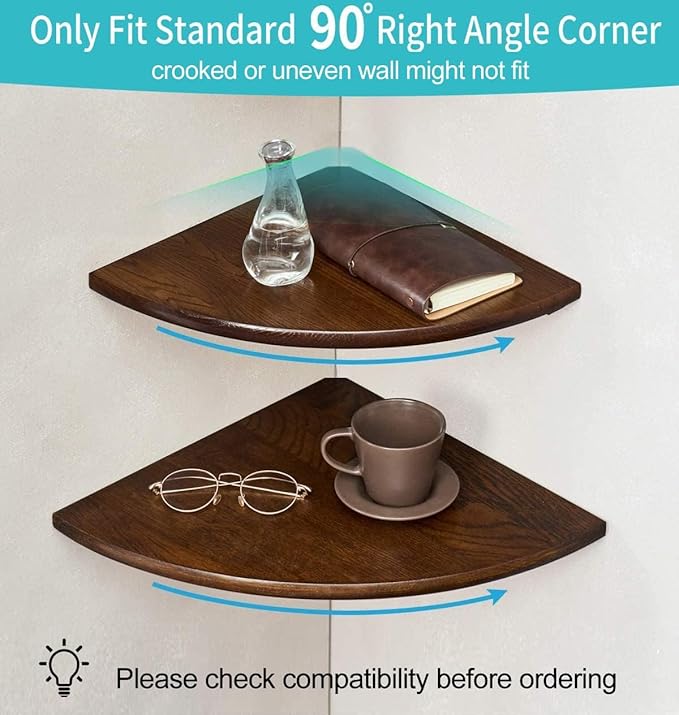 Corner Shelves, Floating Corner Shelf, Set of 2 12inch Solid Oak Wood Corner Wall Shelves, Round End with Wire Hole for Small Plant for Bedroom Kitchen, Living Room