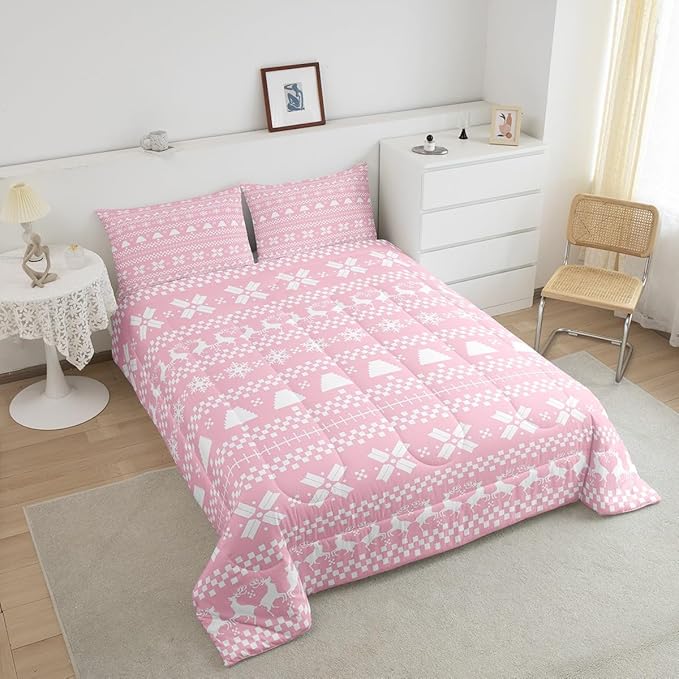 Feelyou Pink Christmas Bedding Set for Kids Boys Girls Twin Size Xmas Deer Elk Decor Comforter Set Ultra Soft Winter Comforter Snowflake Duvet Quilt Bedroom Decor Christmas Ornaments Quilt