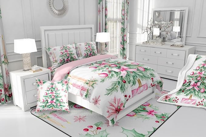 Feelyou Pink Christmas Comforter Set Queen Size Xmas Tree Bedding Set for Kids Boys Girls Xmas Ornaments Duvet Quilt Snowflake Bow Bedroom Decor Microfiber 3 Pcs with 2 Pillow Cases