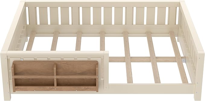 Bellemave Full Size Floor Bed with high Rails and with Built-in Bookshelf for Kids, Girls, Boys, Wood Montessori Floor Bed Without Door, Beige