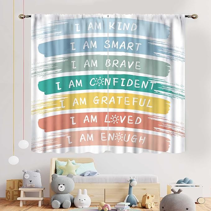 Rainbow Curtains for Classroom, Kids Girls Baby Boho Cute Inspirational Motivational Quotes Cartoon Colorful Pastel Nursery Classroom Bedroom Living Room Bathroom Window Drapes 2 Panels, 84"x84" Inch