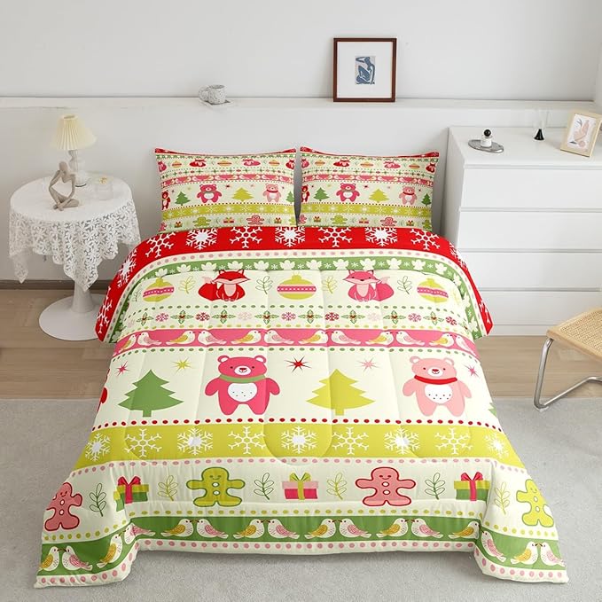 Erosebridal Merry Christmas Comforter Set Kids Queen Size Xmas Tree Decor Quilts Snowflake Bedding Set Cute Colourful Bear Duvet Insert with 2 Pillow Cases