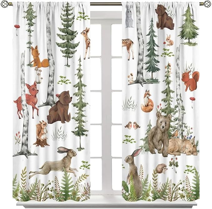 Animal Kids Curtains, Woodland Squirrel Rabbit Bear Animal Friends Forest Curtains for Boys and Girls Bedroom Living Room Kitchen 63x63in