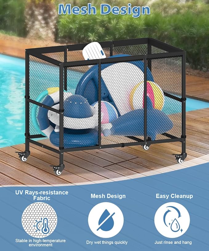 150 Gallon Swimming Pool Storage Bin, Outdoor Rolling Pool Toy Organizer Cart for Swimming Acessories, Pool Noodles Holder for Floaties, Life Vests, Beach Essentials, Patio Furniture, Black