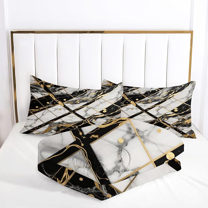 Black White and Gold Comforter: King Size Geometric Marble Bedding Sets Abstract Art Gold Lines Marbling Quilts for Teens Adults 3PC Soft Lightweight Bed Set for All Season