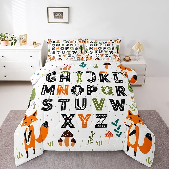 Feelyou Educational Nursery Art Comforter Set Full Size Alphabet Kids ABC Learning Bedding Set for Kids Boys Girls Cute Fox Duvet Quilt Woodland Animals Bedroom Decor 3 Pcs with 2 Pillow Cases