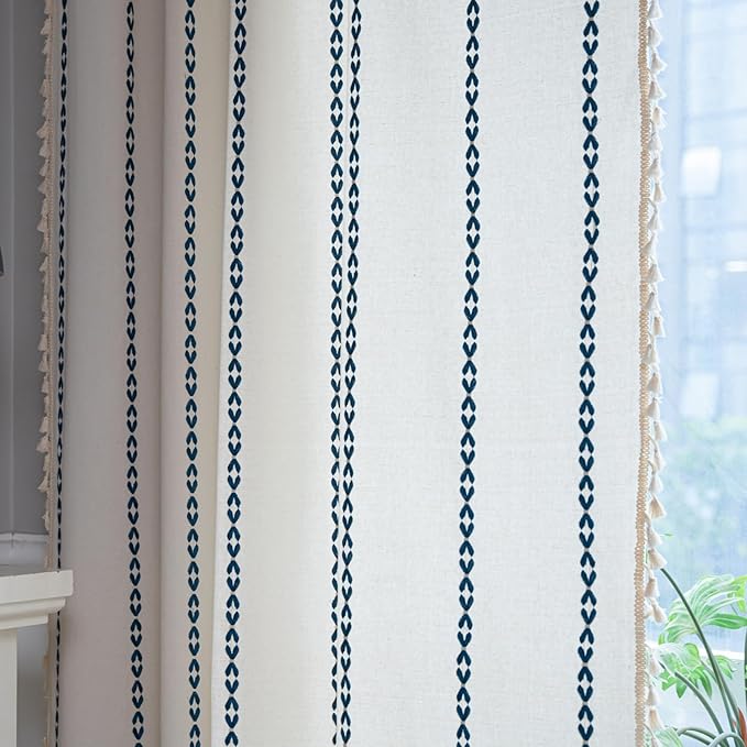 Deeprove Navy Blue Boho Curtain 84 inches Long for Bedroom, Vintage Bohemian Embroidery Farmhouse Cotton Royal Blue Striped Linen Country Tassel Window Treatments Decor, W52 x L84, 1 Panel