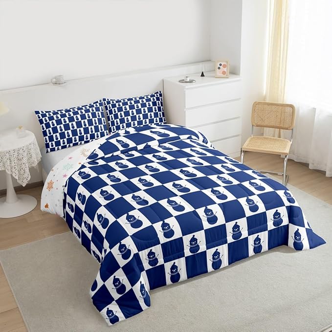 Feelyou Christmas Comforter Set All Season Checkered Bedding Set with 1 Pillow Cases Snowman Kids Twin Bedclothes Xmas Decorations Bedroom Decor Blue Duvet Quilt Breathable Soft Lightweight