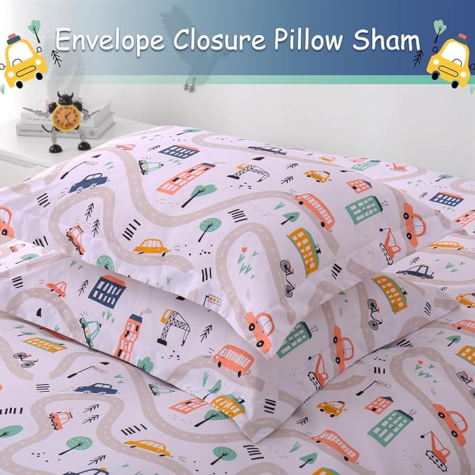 JSD Cars Kids Duvet Cover Set Full Size, 3 Piece Soft Printed Microfiber Comforter Cover with Pillow Sham Zipper Closure, Comforter Not Included