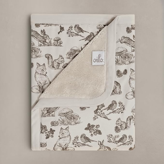 Oilo Baby Blanket, Luxury Plush Chenille Backing & Organic Cotton Jersey Print, Double Layered, 30" x 40", Rolled Jersey Edge Trim, Infant & Toddler Size, Heirloom Organic Collection, Woodland Animals