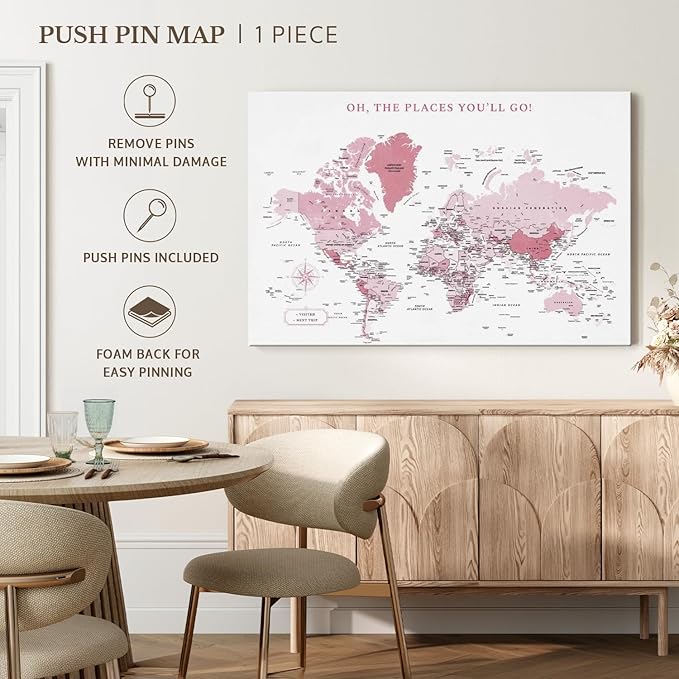 ElephantStock - Places You'll Go Push Pin World Map Wall Art - Horizontal Canvas Wall Art - Living Room Wall Decor - Digital Art Map Canvas Art - White And Pink Decor - 45" x 30"