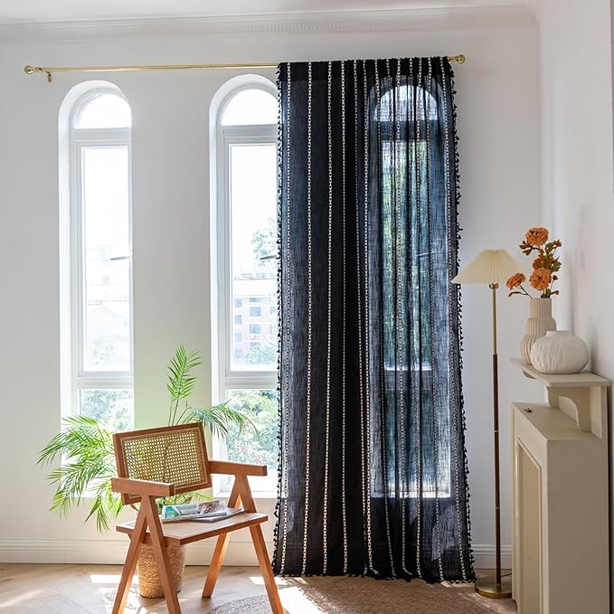 Deeprove Black Boho Curtains 72 inches Long for Bedroom, Vintage Bohemian Embroidery Farmhouse Cotton Linen French Country Tassel Window Treatments Gothic Halloween Decor, W52 x L72, 1 Panel