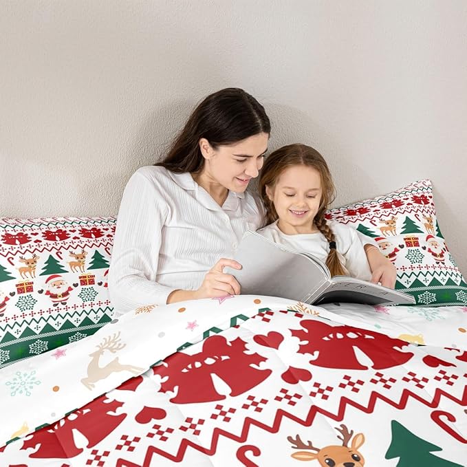Feelyou Merry Christmas Kids Comforter Set Toddler Size Santa Claus Bedding Set Cute Deer Duvet Quilt for Kids Boys Girls Bedroom Snowflake Decor Microfiber Ultra Soft Breathable