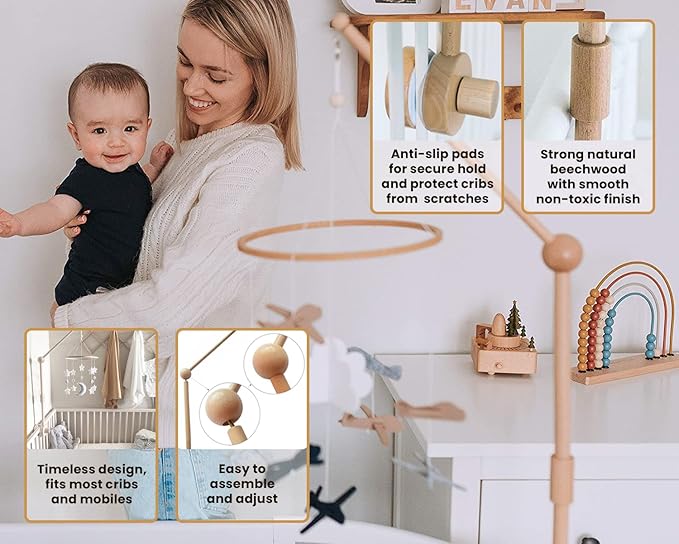 Baby Crib Mobile Arm Wooden Holder - Baby Mobile Hanger for Crib (31 inch, 100% Natural Beech Wood) Strong Anti Slip - Nursery Decor & Gift Accessories (Original)
