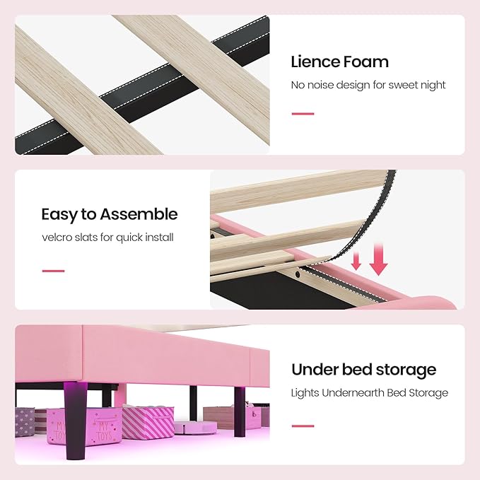 BTHFST Full Size Bed Frame with LED Lights, Girls Full Bed with Princess Crown, LED Velvet Upholstered Platform Bed Frame with Adjustable Headboard, No Box Spring Needed, Pink
