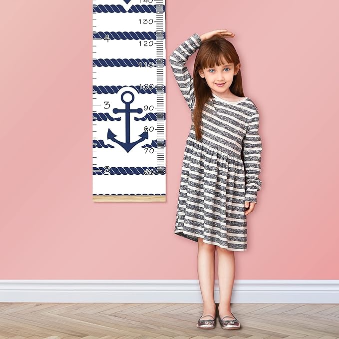 Kids Growth Chart Ruler for Wall Wood Frame Height Measure Chart 13.4x56 in Linen Hanging Height Growth Chart Anchor Blue and White Stripes Pattern Kids Room Decor