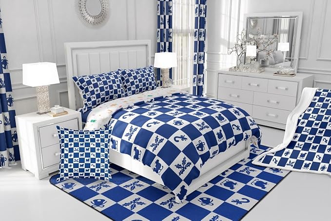 Feelyou Christmas Comforter Set All Season Checkered Pattern Bedding Set with 2 Pillow Cases Holiday Theme Kids King Bedclothes Xmas Decor Room Decor Blue Duvet Quilt Breathable Soft Lightweight