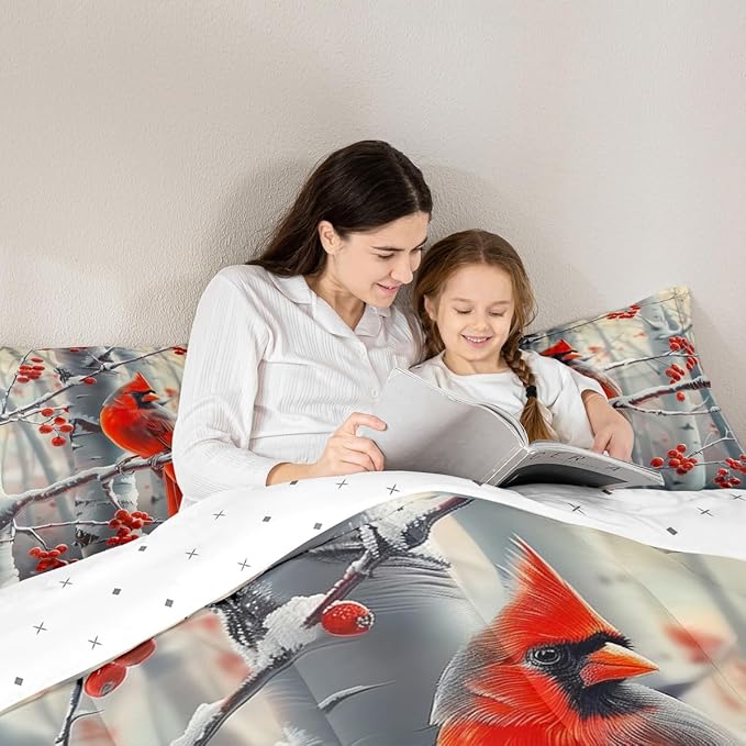 jejeloiu Kids Red Cardinal Comforter Set King Size Christmas Theme Bedding Set for Boys Girls Teens Xmas Birds Winter Rustic Country Farm Animal Duvet Quilt Room Decor