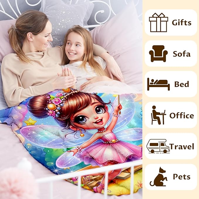 Girls Blanket Fairy Throw Blankets Gift for Kids Teens Adults Daughter Birthday, 60x80 Inches Warm Lightweight Fairy Throw for Sofa Couch Bed Travel