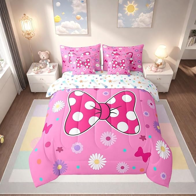 7 Pieces Pink Bowknot Kids Comforter Set Full,Daisy Flowers Geometric Dot Patchwork Bedding Set,Bow Tie Cute Princess Dreamy Chic（Comforter+Fitted+Flat Sheet+2 Pillowcases+2 Throw Pillow Covers）