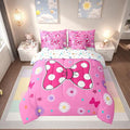 7 Pieces Pink Bowknot Kids Comforter Set Twin,Daisy Flowers Geometric Dot Patchwork Bedding Set,Bow Tie Cute Princess Dreamy Chic（Comforter+Fitted+Flat Sheet+2 Pillowcases+2 Throw Pillow Covers）