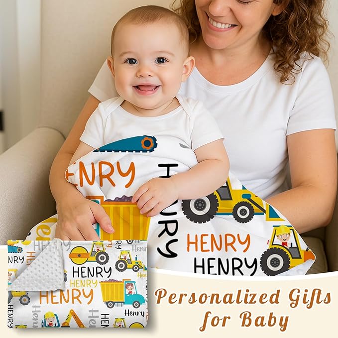 Personalized Baby Blankets for Boys, Custom Name Blanket Birthday Gift for Kid, Soft Flannel Blanket with Dotted Backing for Infants Toddlers, Customized Gifts, Yellow Truck(60" x80)