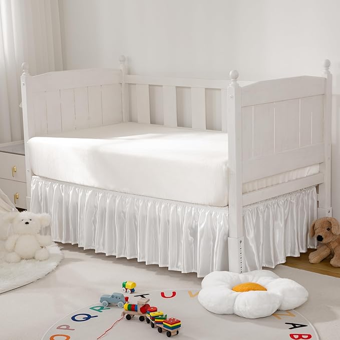 White Satin Crib Bed Skirt, 52" x 28" with 14" Drop Silky Soft Baby Crib Skirt for Baby Girls or Boys, Fit for Standard Crib & Toddler Bedding
