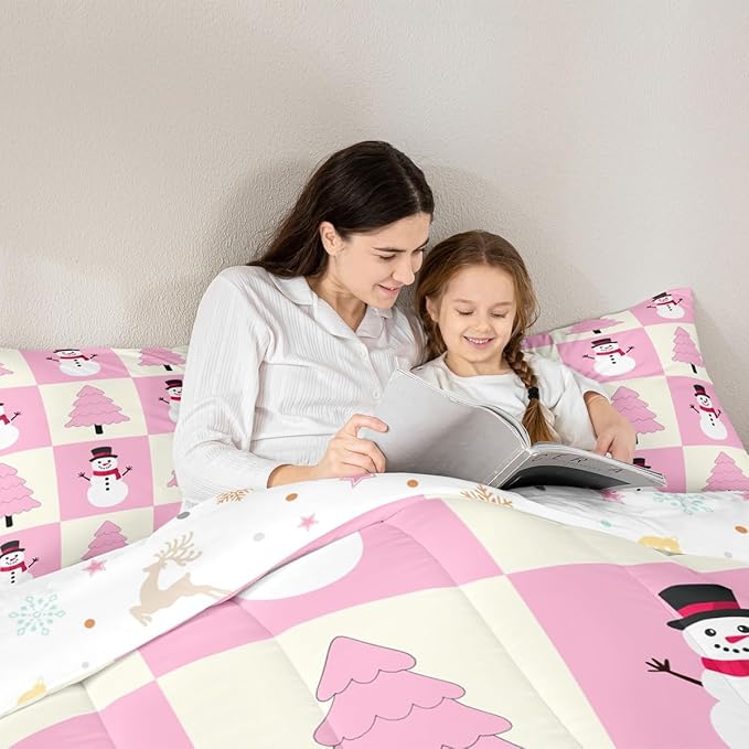Feelyou Pink Christmas Kids Comforter Set Queen Size Snowman Bedding Set Xmas Tree Duvet Quilt for Kids Boys Girls Bedroom Decor Microfiber Ultra Soft Breathable