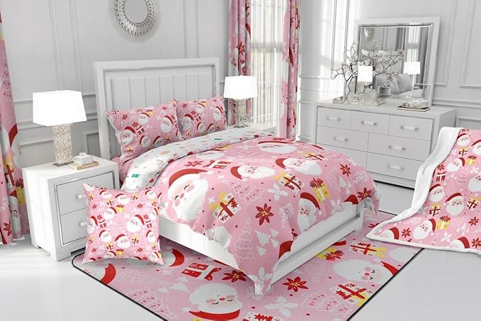 jejeloiu Santa Claus Comforter Set Toddler Size Merry Christmas Bedding Set for Kids Boys Girls Xmas Themed Duvet Quilt Pink Bedroom Decor