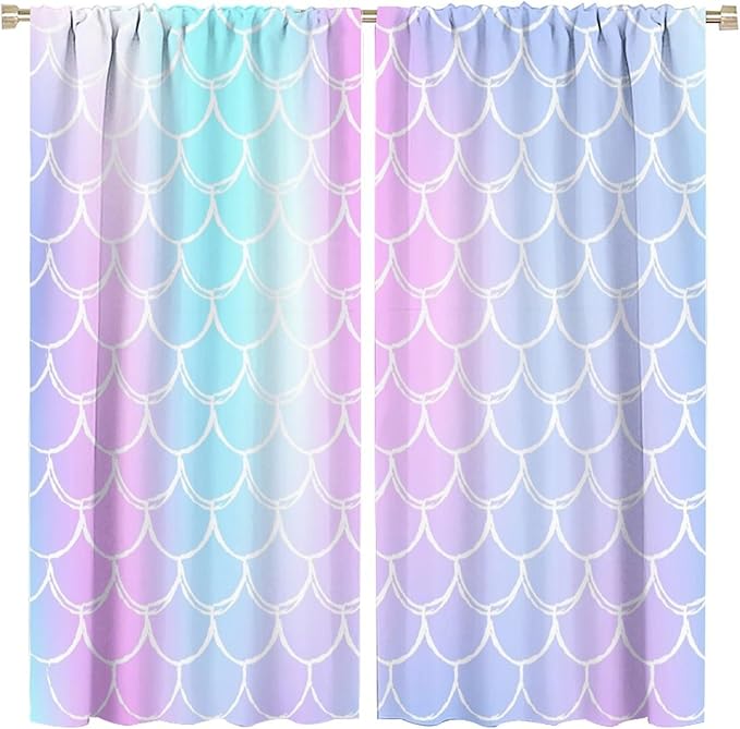 Fantasy Mermaid Curtain Rainbow Mermaid Scales Purple Pink Blue Ocean Theme Dream Blackout Window Treatment for Kids Boys Girls Bedroom Nursery Room Decor Rod Pocket Window Drapes 42x45in
