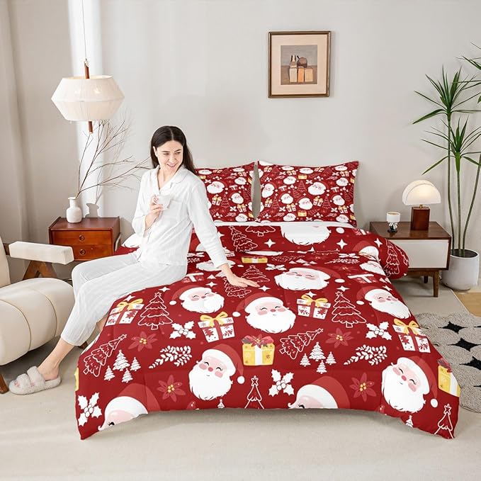 jejeloiu Santa Claus Comforter Set Full Size Merry Christmas Bedding Set for Kids Boys Girls Xmas Themed Duvet Quilt Red Bedroom Decor