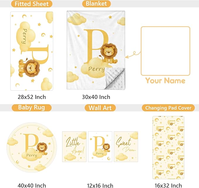 5 Piece Customized Crib Bedding Set for Boys & Girl- Custom Name Baby Crib Yellow Lion Nursery Bedding Set with Fitted Sheet, Soft Blanket, Rug, Personalized Gifts for Newborn Infant Toddler